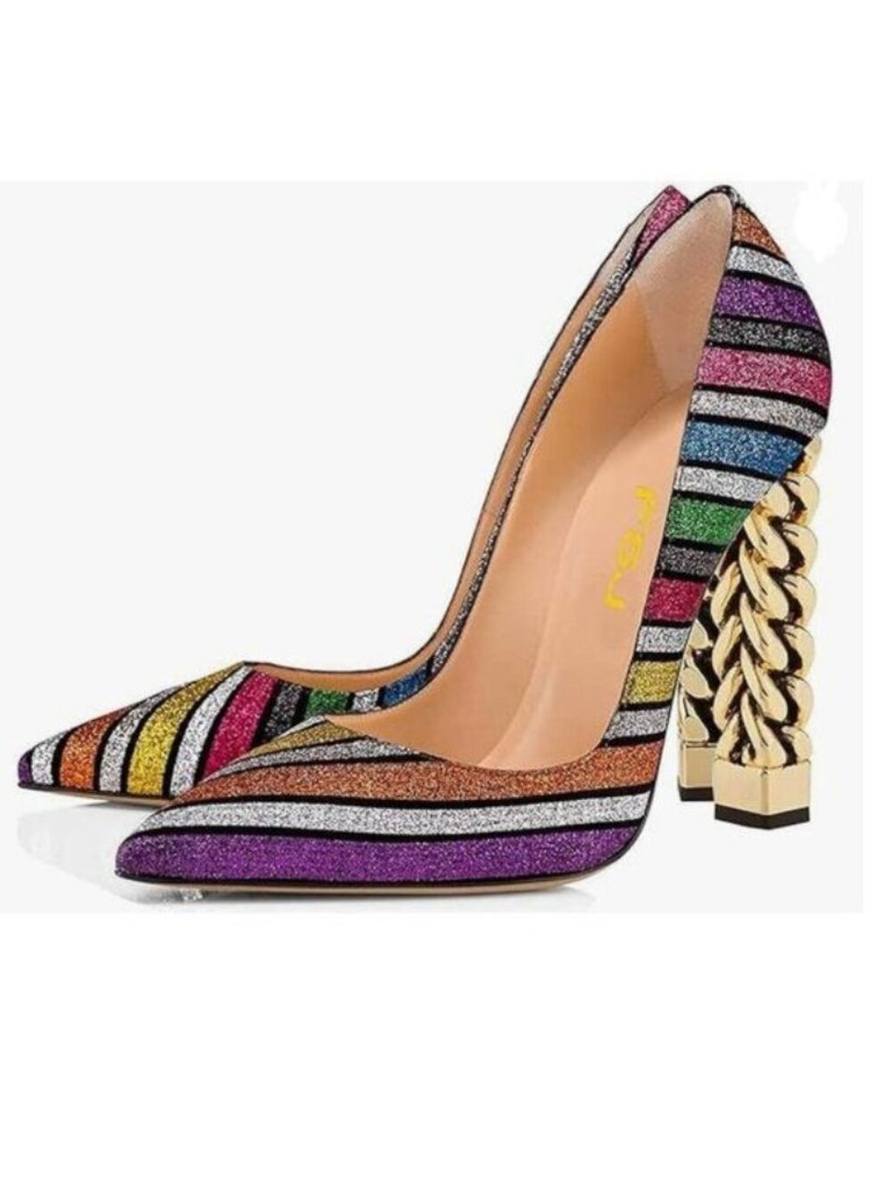 FSJ Multicolor Glitter Gold Metal Chain Chunky High Heel Pointed Toe Pumps